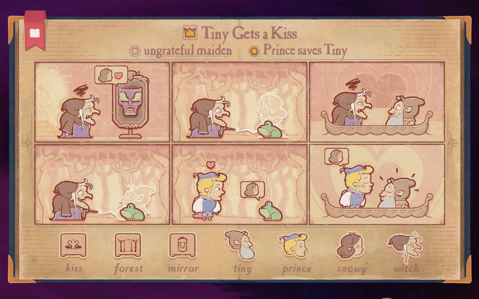 The solution to Chapter 5 Deceit's second scenario in Storyteller, showing the Prince saving Tiny.