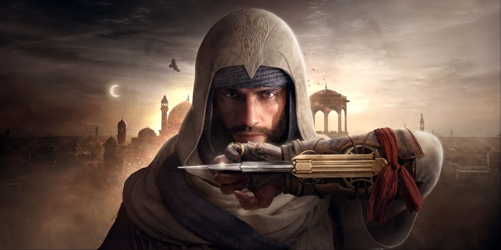 A close-up of Basim with his hidden blade out behind a scenic background with architecture and a crescent moon.