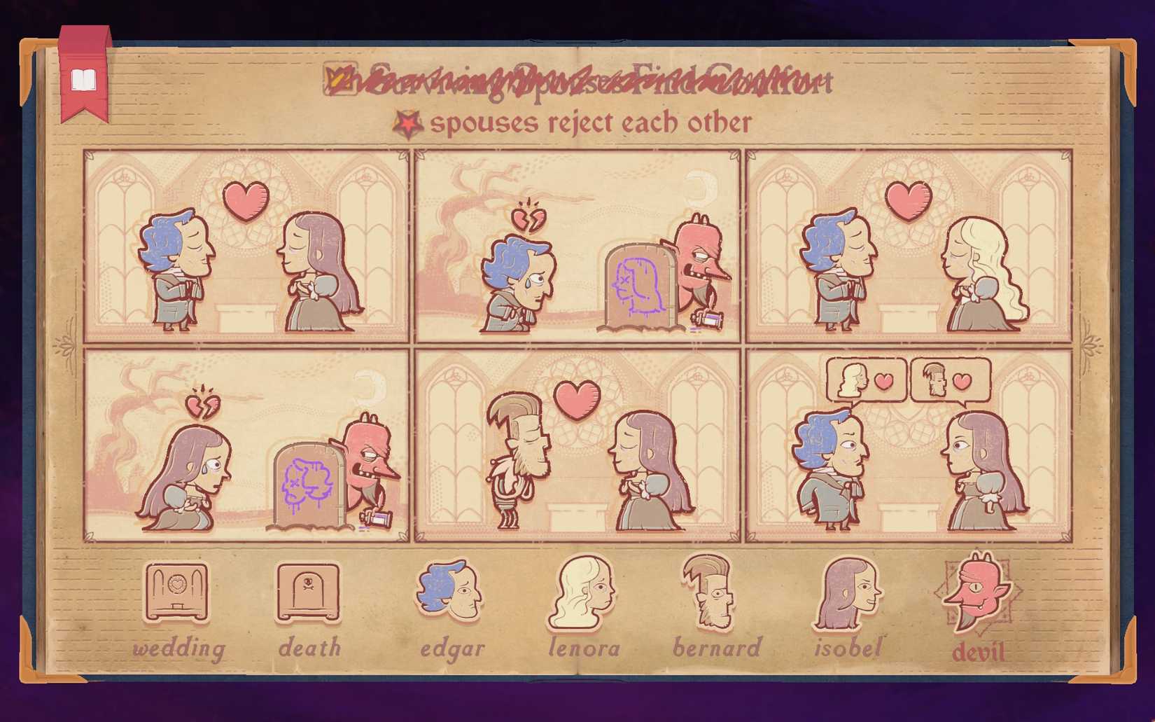 The solution to the devil section of Chapter 2 in Storyteller, showing spouses rejecting each other.