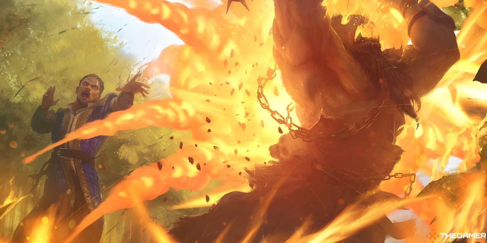 A wizard from Dungeons & dragons casting a Fireball against a creature.