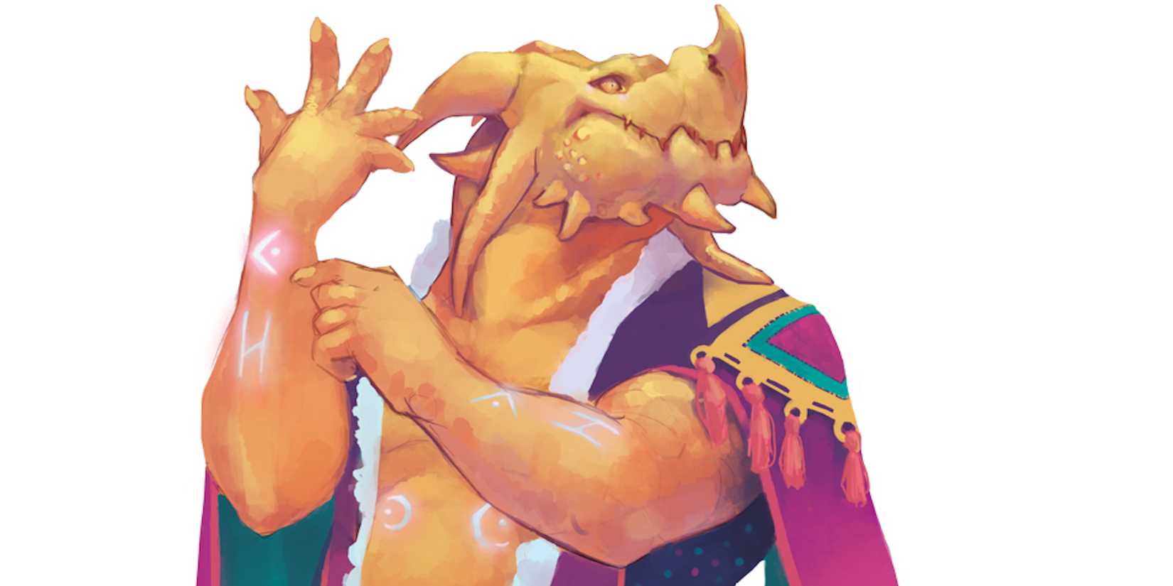 Karzadrawn Sunscale, a dragonborn Runechild sorcerer, holds a hand up ...