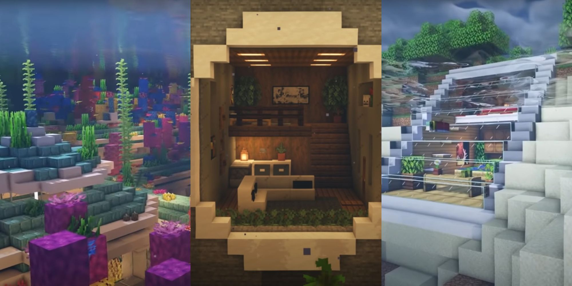 A split image showcasing three different underwater bases in the popular sandbox game Minecraft.