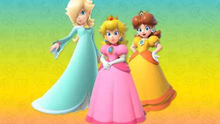 mario peach daisy and rosalina all psoing on a colorful background
