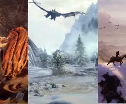 Split images of Horizon Zero Dawn, Skyrim, and Assassin's Creed Odyssey