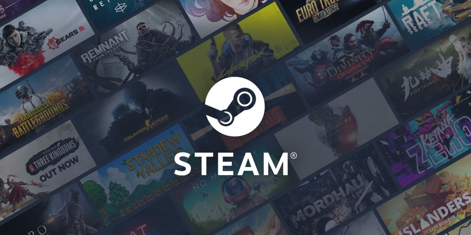 Steam logo overlaid on various games