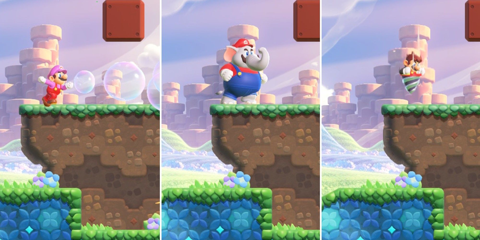 Super Mario Wonder collage showing Mario with the bubble, elephant and drill powers
