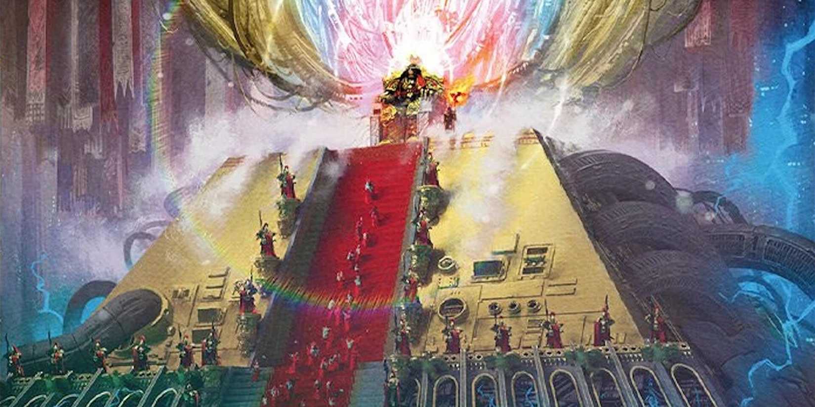 The Emperor on the Golden Throne of Terra with humans climbing up the steps and ethereal lightning.