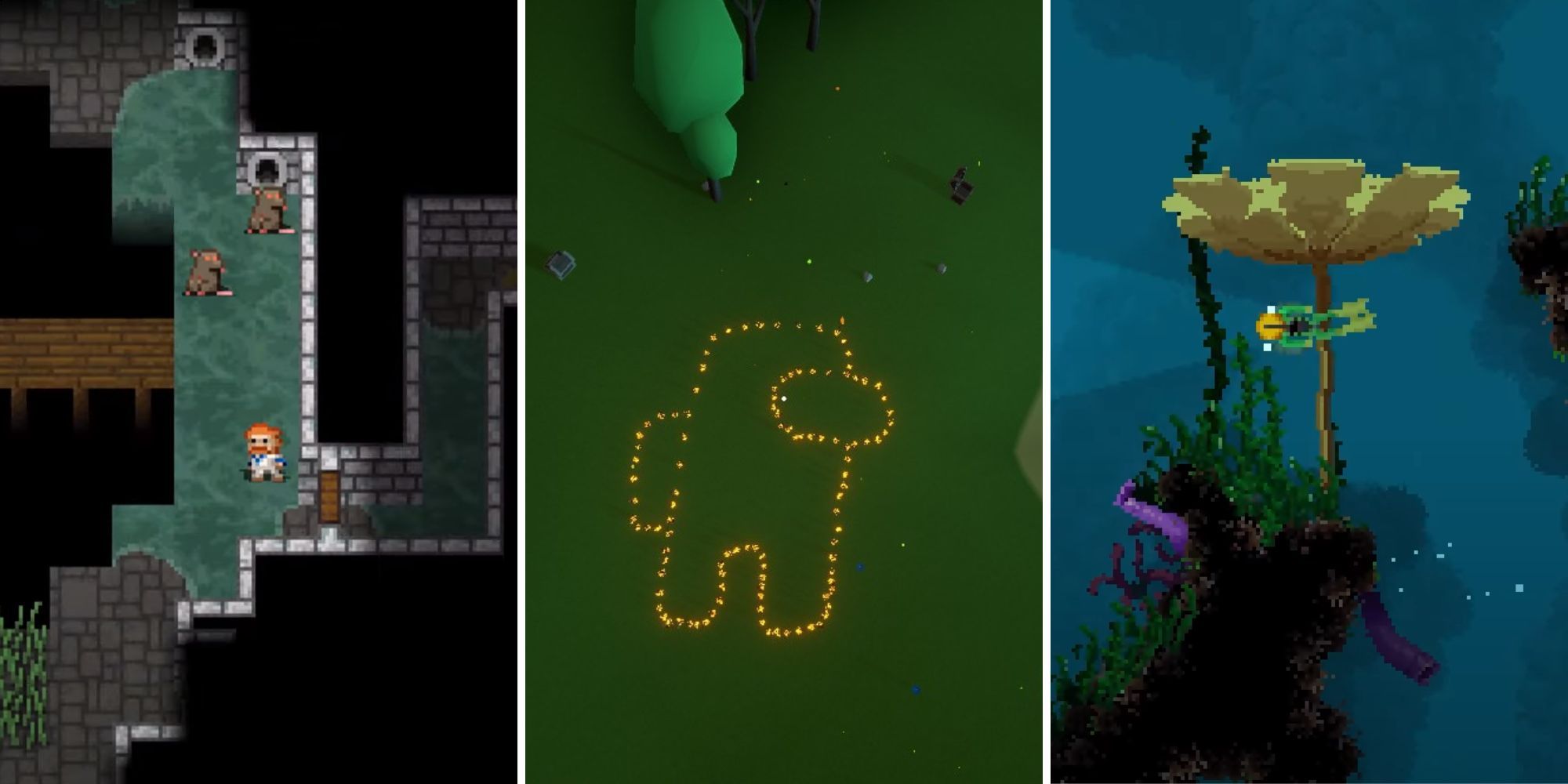 A split image of a pixelated, orange-haired man in a wet dungeon full of rats, an aerial view of campfires arranged into an Among Us reference, and a pixelated diver in a green wet suit.