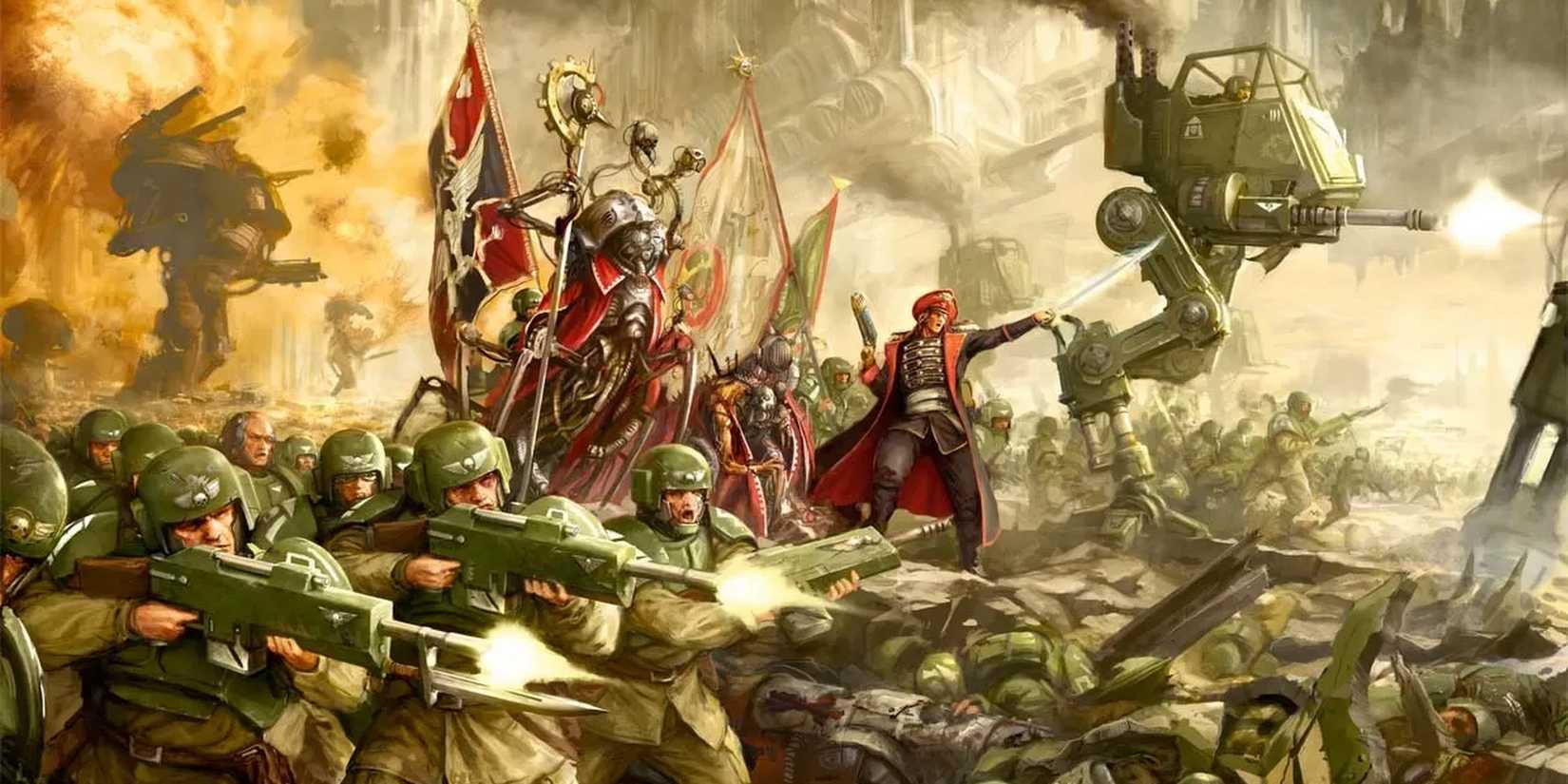 40k Timeline Example Warhammer 40,000: Cadian shock troops and belisarius cawl going to battle.