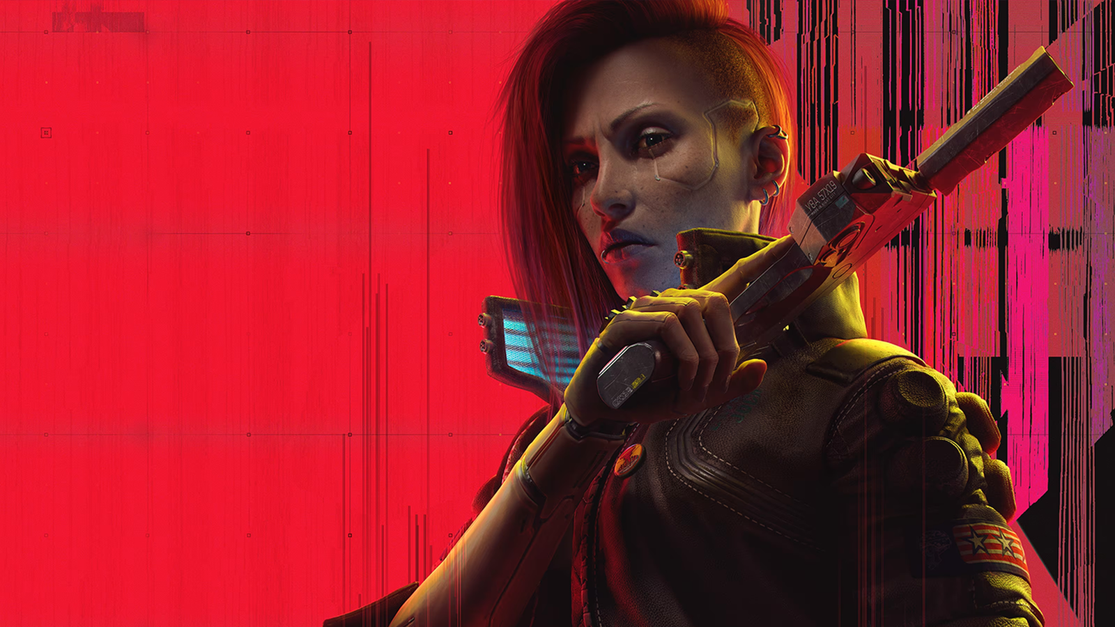 The main cover art for Cyberpunk 2077: Phantom Liberty, featuring female V holding a gun.