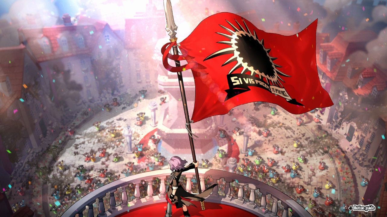 A screenshot of Persona 5 Tactica showing Erina waving her flag over a smoldering town