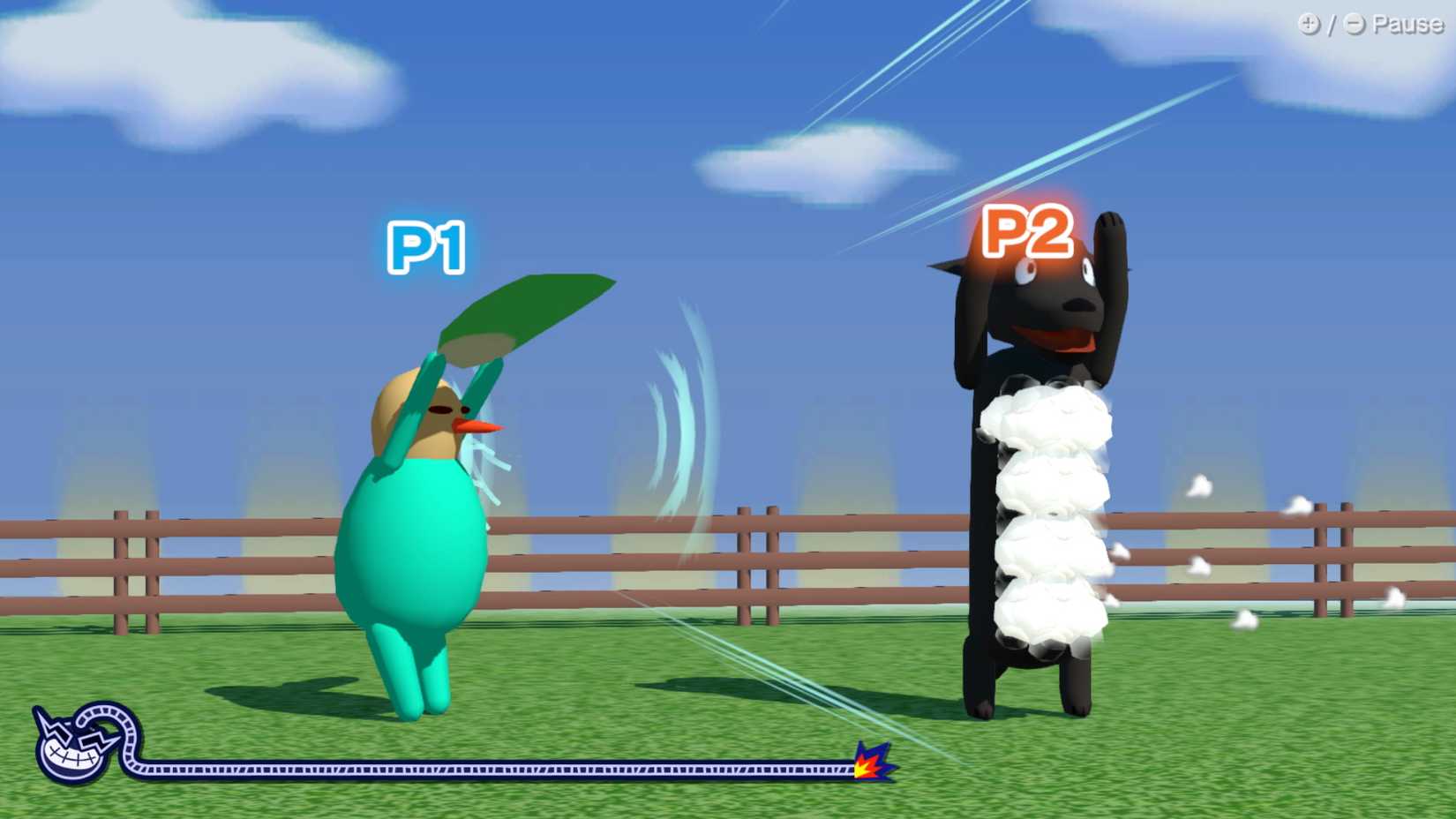 One character is blowing away another in WarioWare Move It!