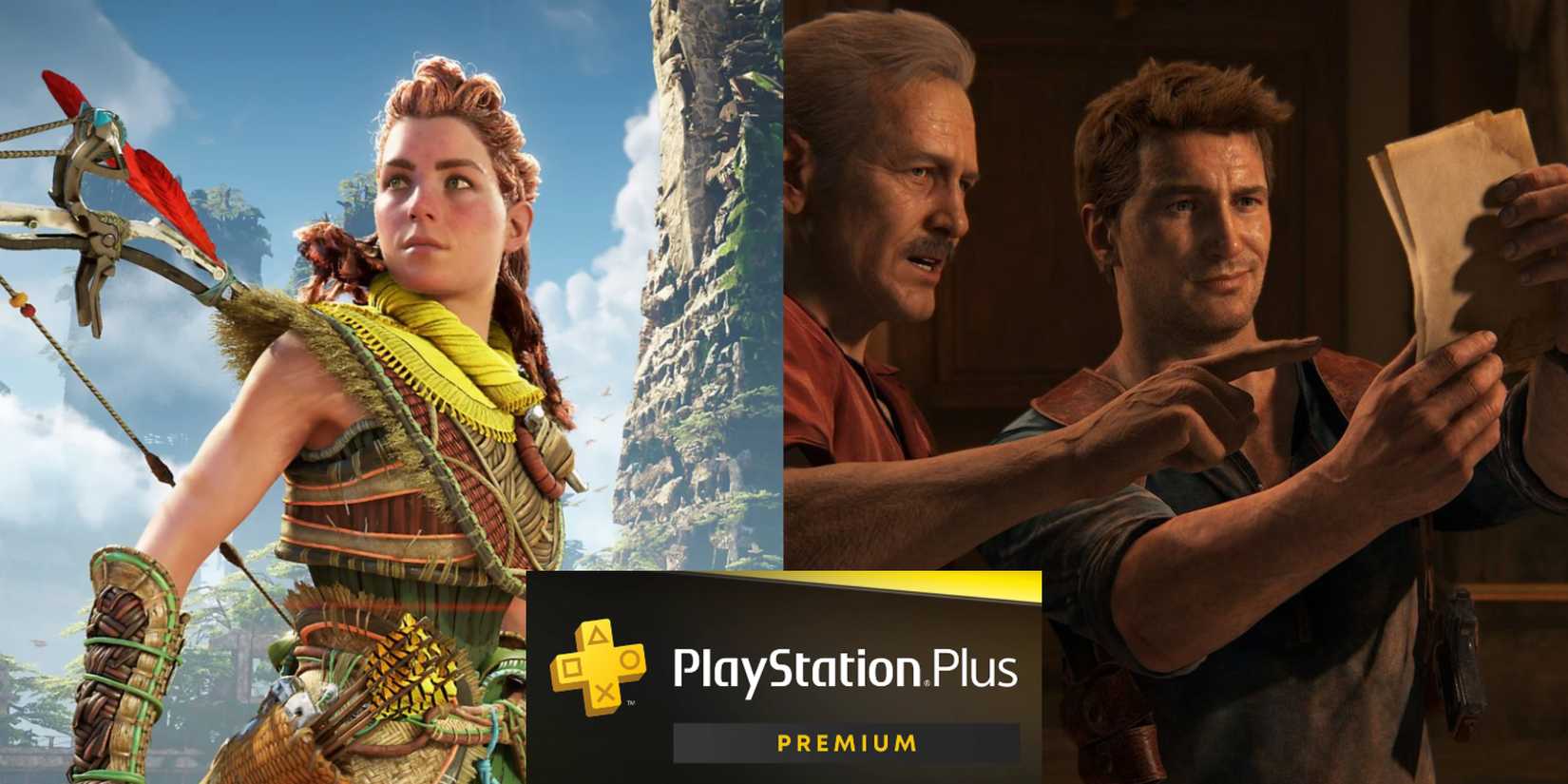 PlayStation Plus featured a split image of Horizon and Uncharted with the PlayStation Plus logo in the middle