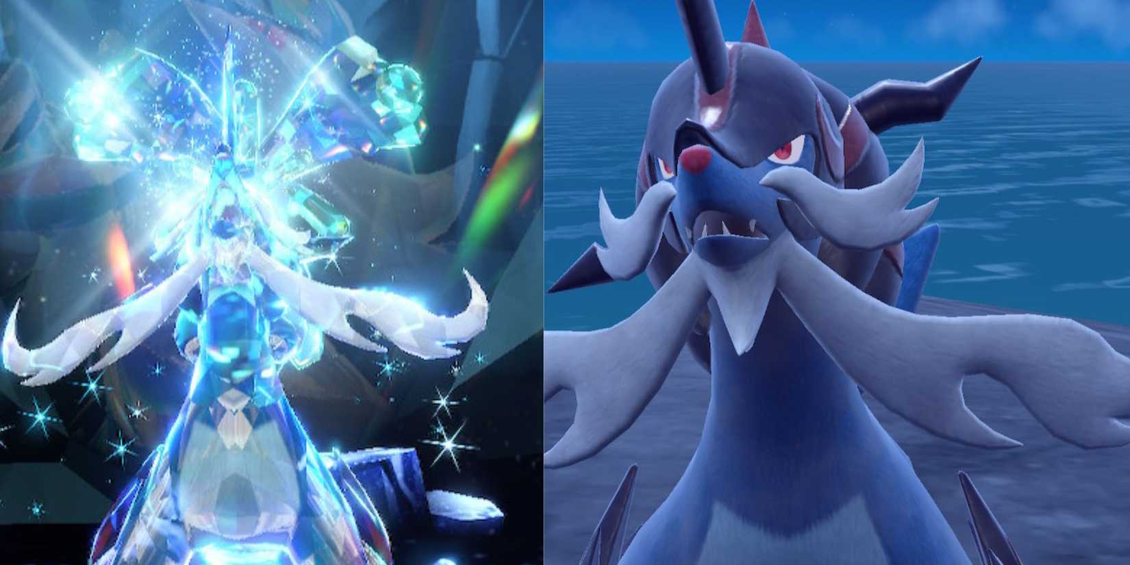 Two screenshots of Hisuion Samurot in Pokemon Scarlet and Violet, one regular and one during Terastalized battle