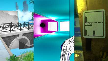 Split image black and white viewfinder bridge, purple anti-chamber room and pedestrian industrial zone.