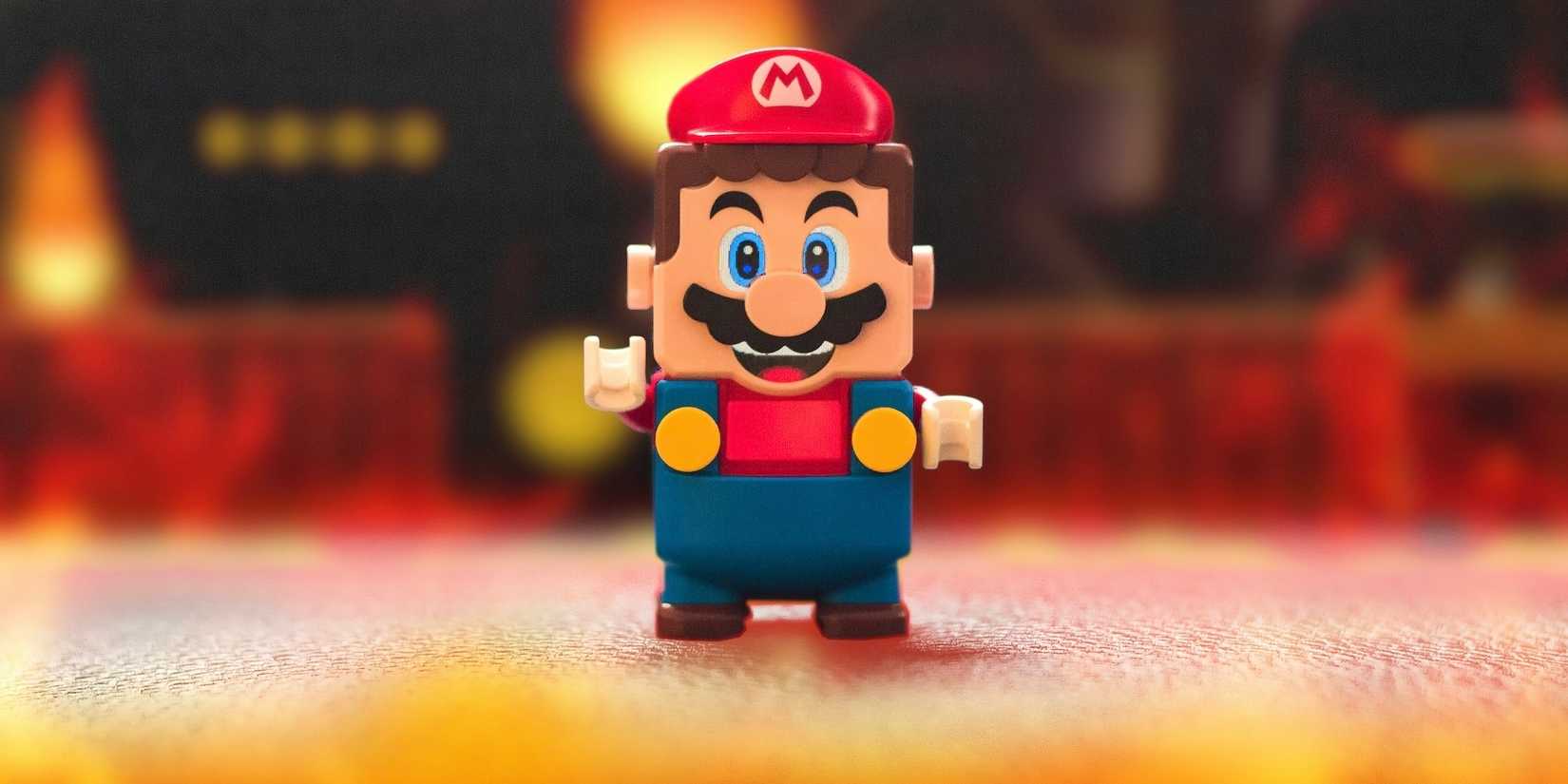 Super Mario Lego figure in front of a blurred background