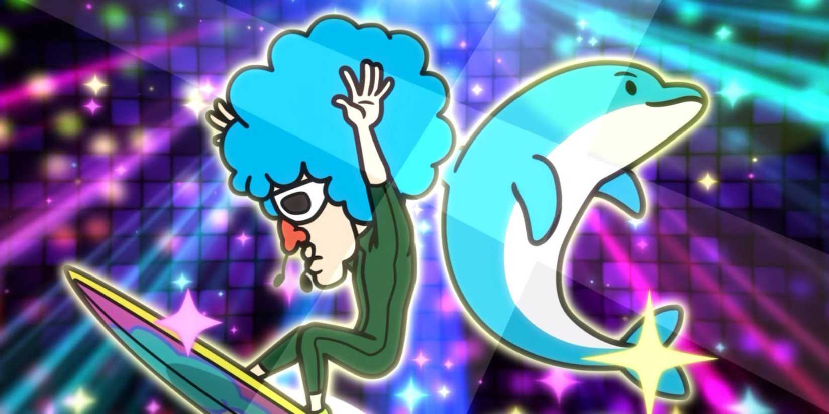 Jimmy T jumps into the air on a surfboard with a dolphin next to him.