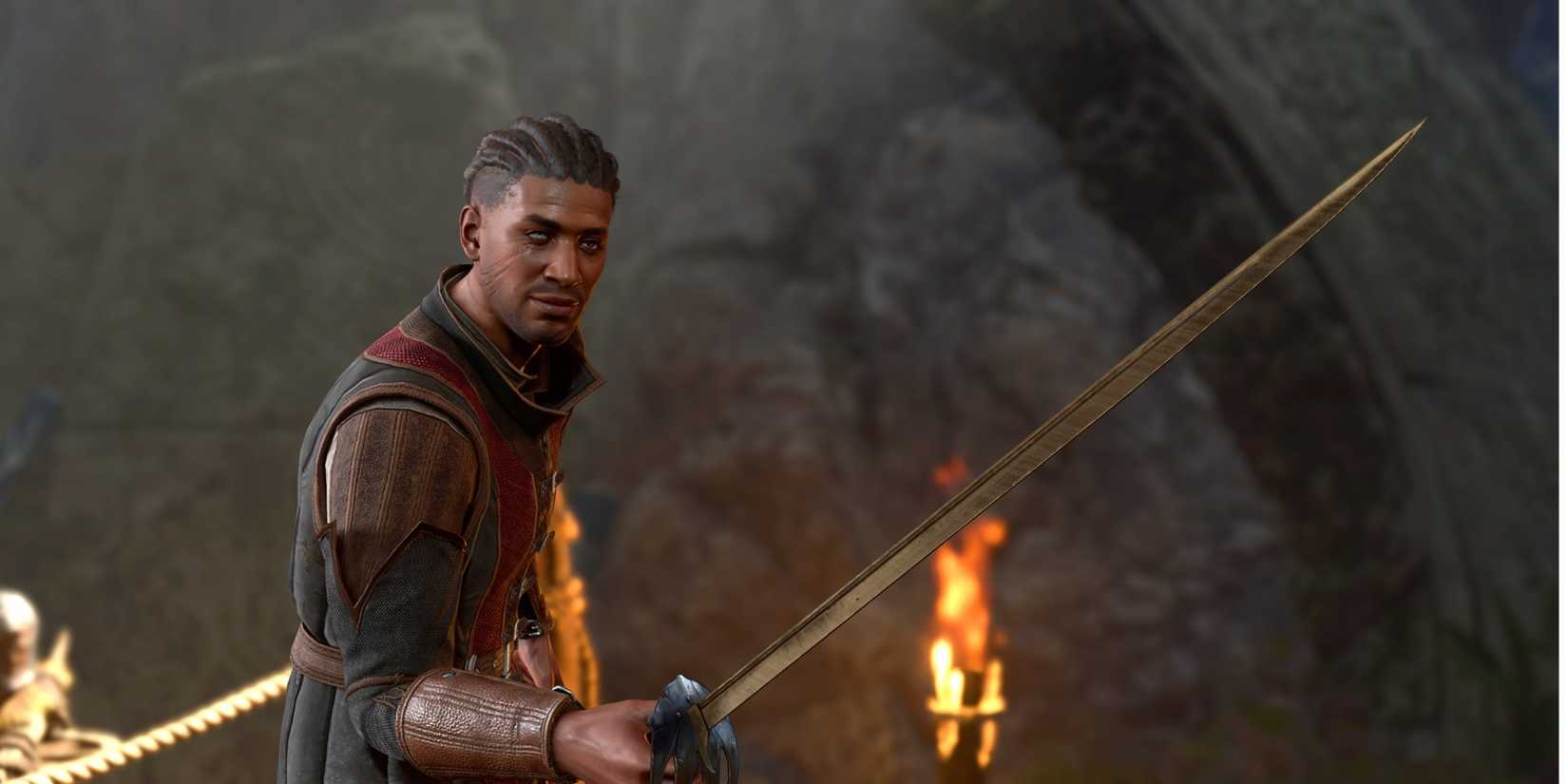 An image of Wyll Ravenguard holding a rapier and taking a fighting stance.