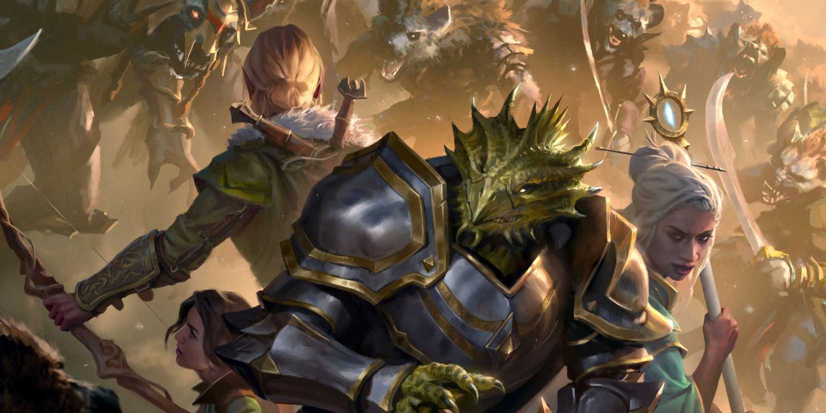 A party surrounded by Gnolls At Their Camp Bracing For A Battle In Magic The Gathering Artwork.