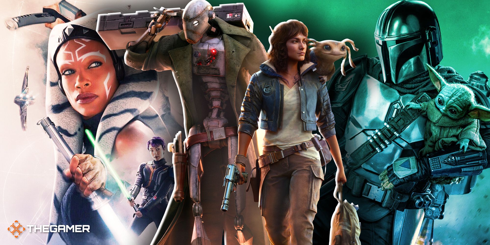 Star Wars Outlaws characters surrounded by Ahsoka, Din Djarin, Grogu, and others