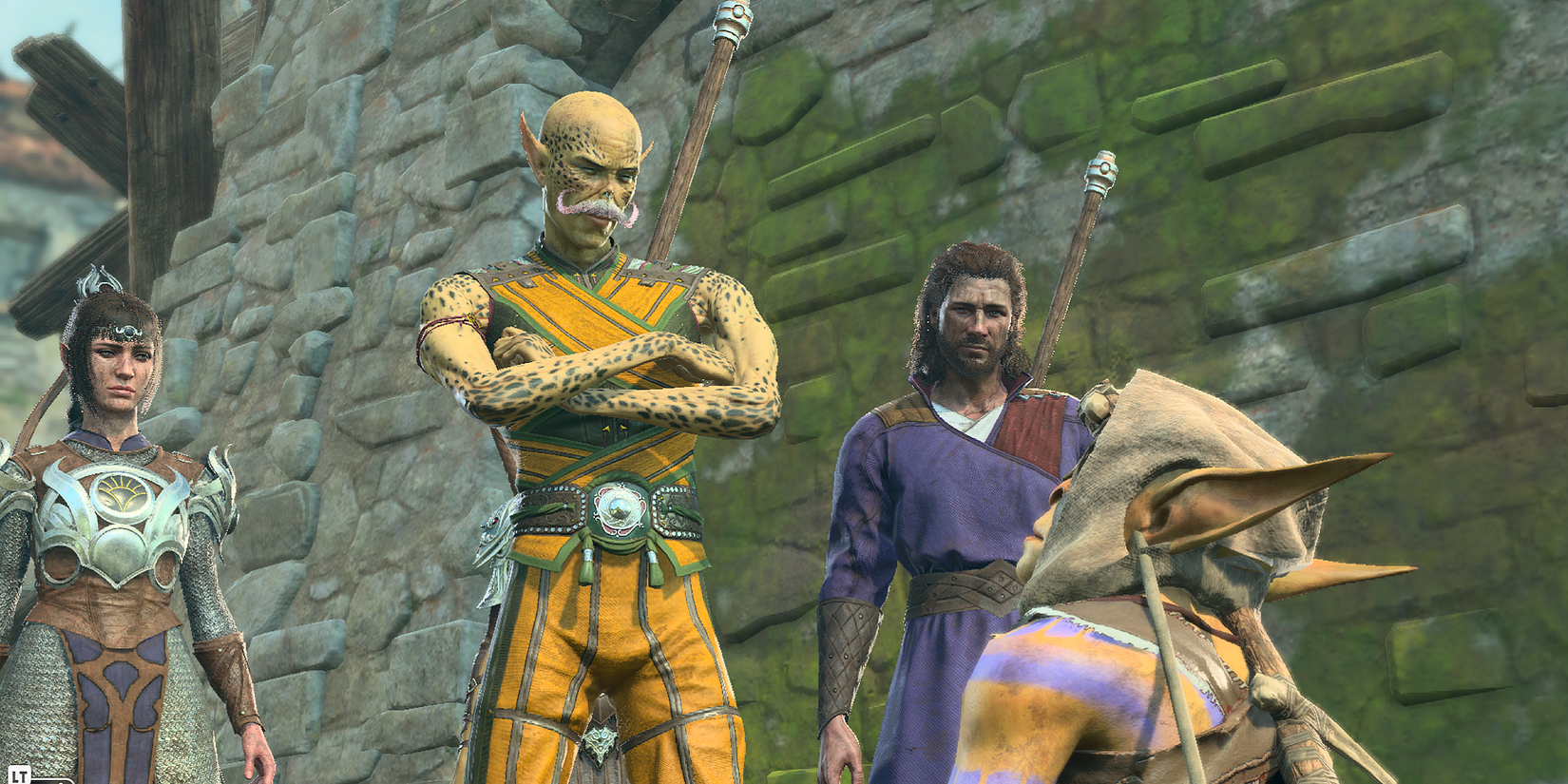 Githanki monks Taw, Gale, and Shadowheart watching the goblins in Baldur's Gate 3