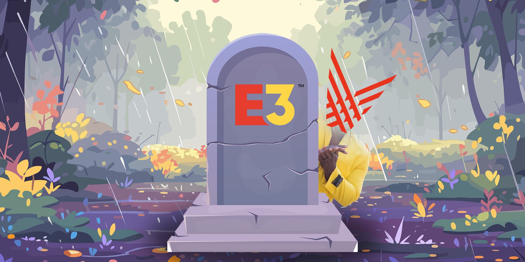 A grave with the E3 logo in the rain, with the TGA logo scheming behind it.