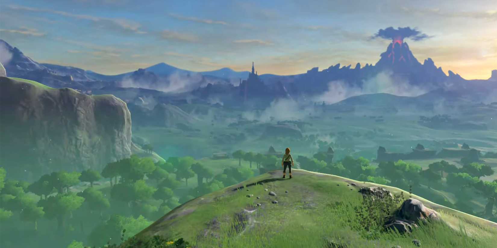 Link looking at the scenery of Hyrule from The Legend of Zelda: Breath of the Wild.