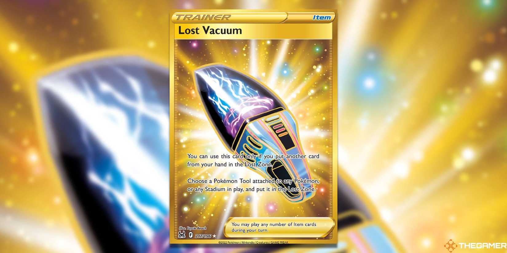 gold lost vacuum pokemon card - 217/196 You may play any number of Item cards during your turn Lost Vacuum GOLD Card