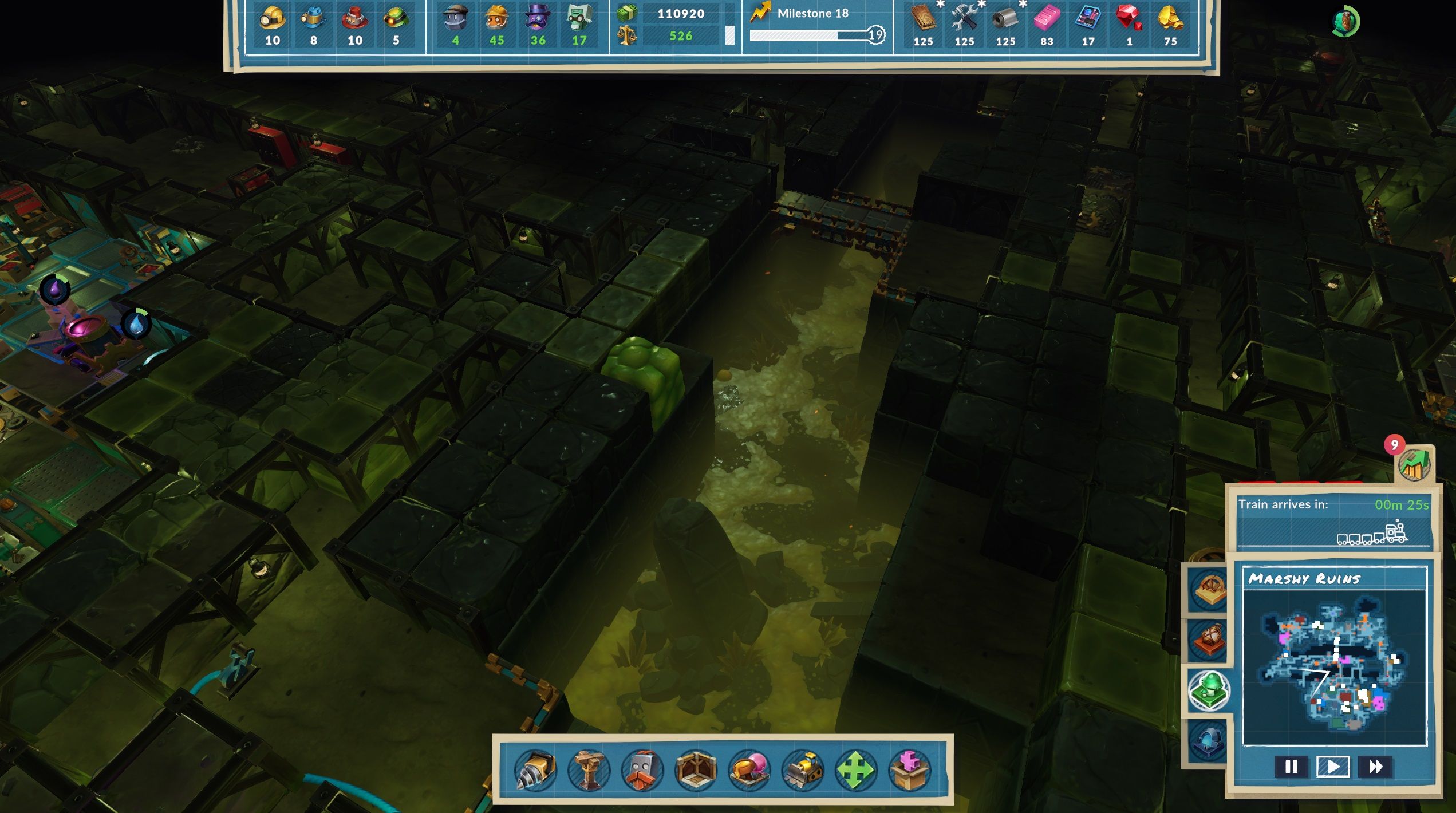 A crevasse in the middle of the Marshy Ruins Map. There is a slimy green block in the middle, an Enemy Block