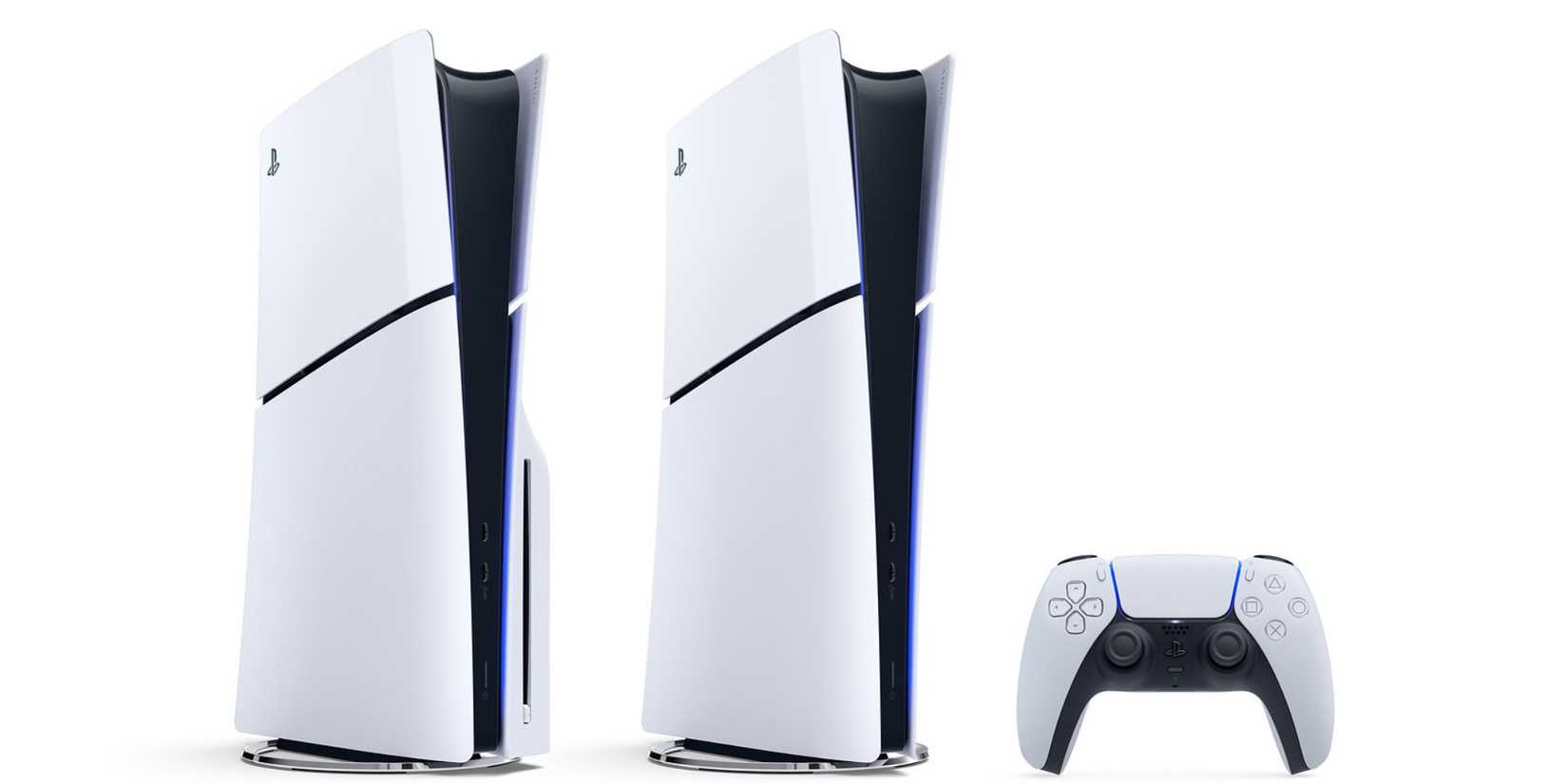 Image of a PlayStation 5 and a Playstation 5 Slim with a double control. 
