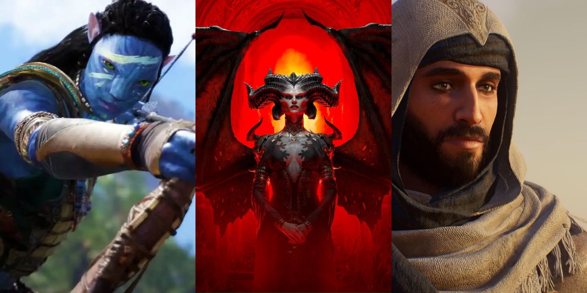 Split Images Of Avatar Frontiers Of Pandora, Diablo IV and Assassin's Creed Mirage