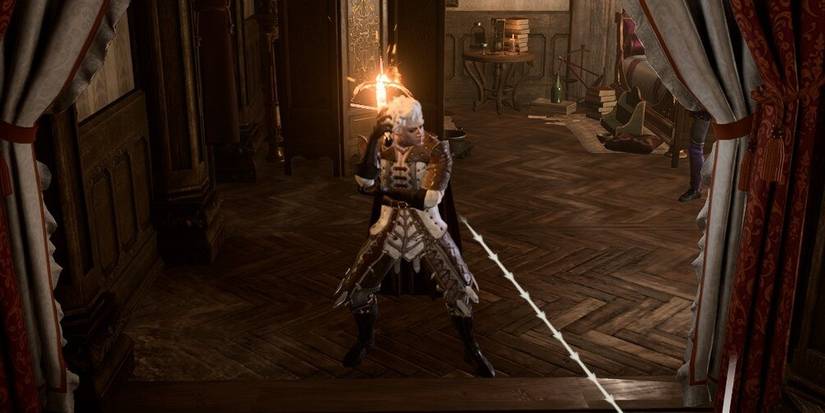 Astarion holding the Hellfire Hand Armbow in Baldur's Gate 3.
