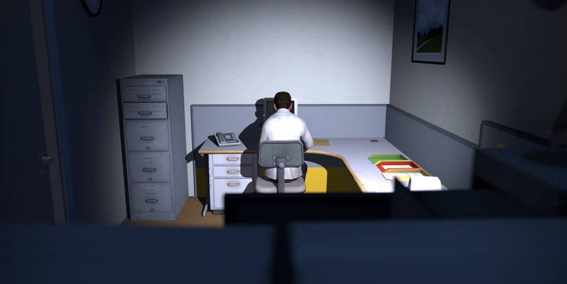 A figure sits in a lone office in Stanley Parable