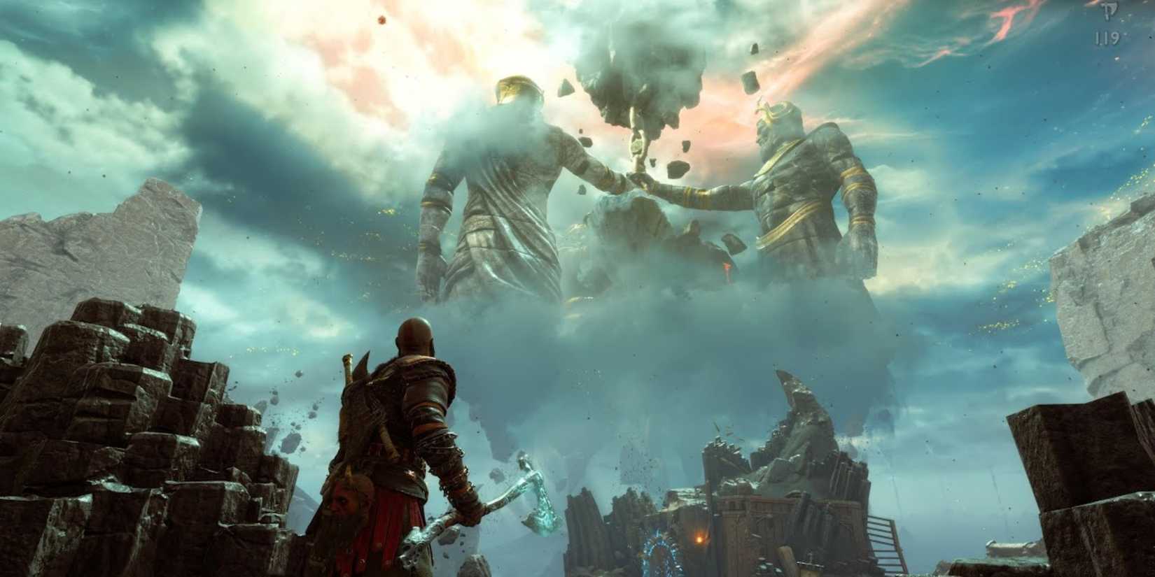 Kratos looking at the Three Judges in God of War Ragnarok Valhalla