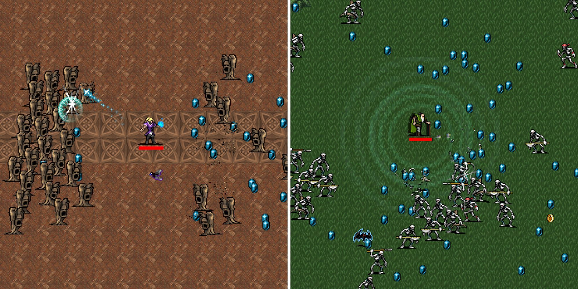 Gameplay collage showing off two Adventure Mode scenarios in Vampire Survivors.