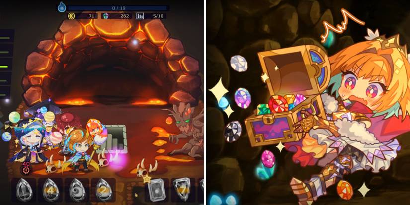 A split image of brightly colored, animated characters fighting a mostly brown tree monster, and a goldne chest full of shiny, sparkly gems.