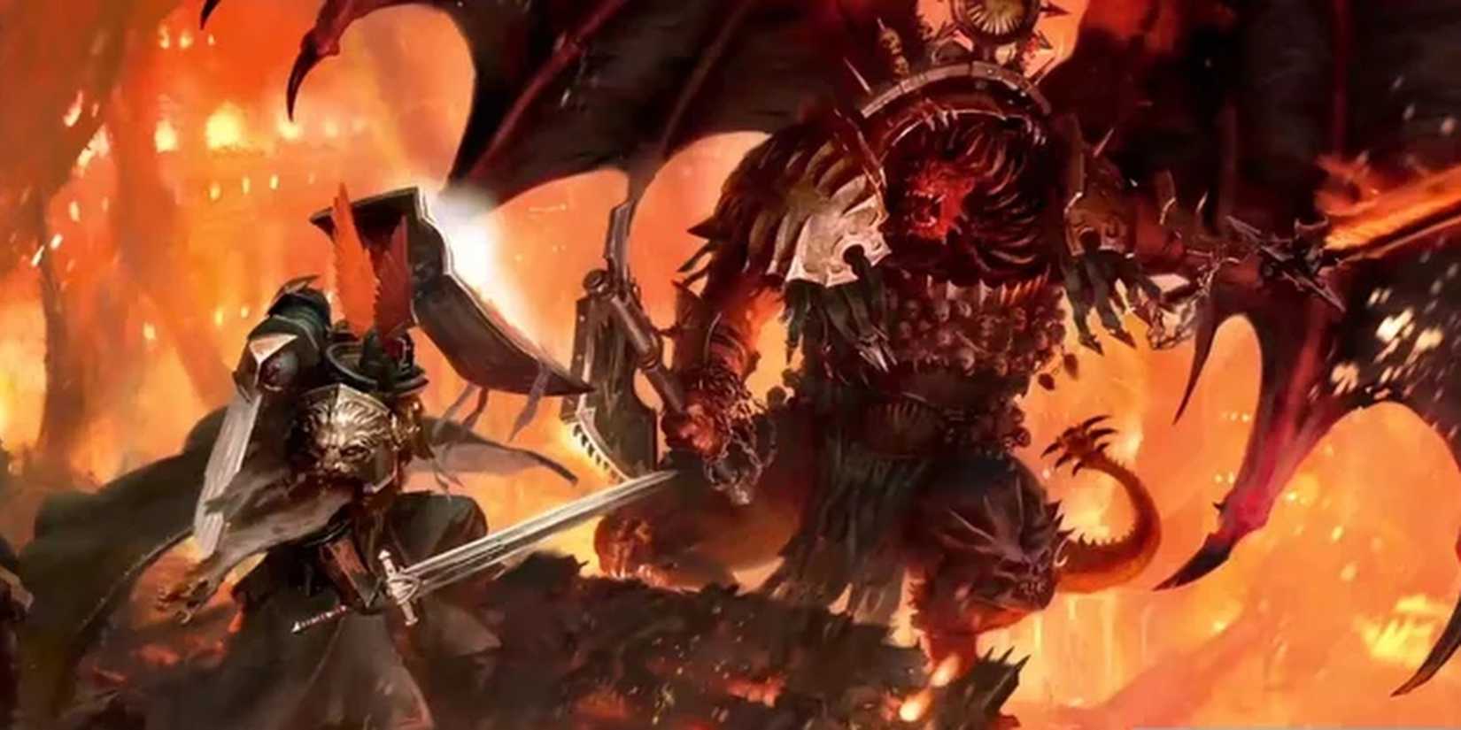 Angron in daemon form attacking a champion of the Dark Angels in Warhammer 40,000.