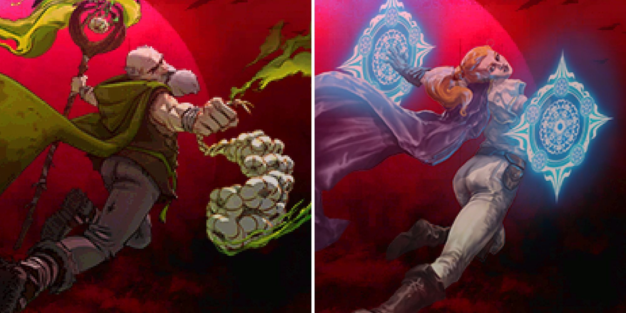 Collage of A Garlic Paradise and World of Light and Dark starting menus in Vampire Survivors.