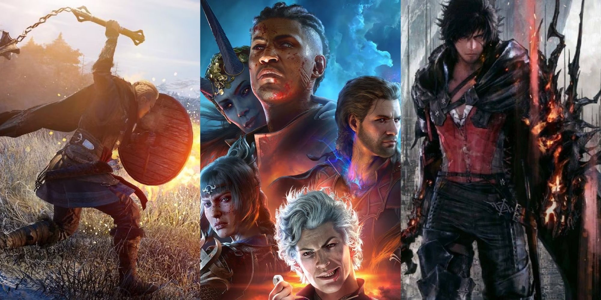 Longest Games On PS5 Updated Feature Image- Eivor from AC Valhalla, Baldur's Gate 3 Cover Art, and Clive from FF16