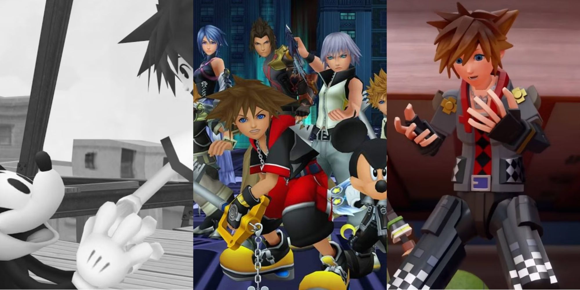 Kingdom hearts Sora shaking the hand of Steamboat Willie in the Timeless River world, Sora and his friends in Dream Drop Distance, Sora in the Toy Box world of Kingdom hearts 3, left to right