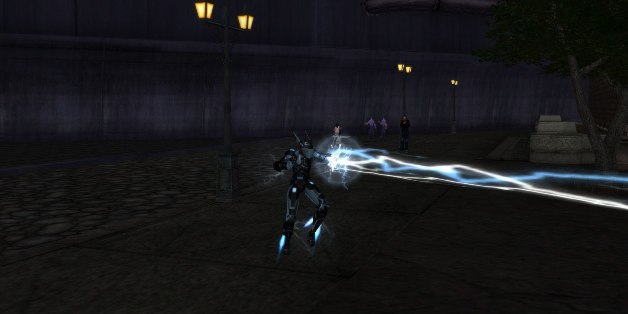 A hero in a technical supersuit that shoots a lightning bolt from the hand.