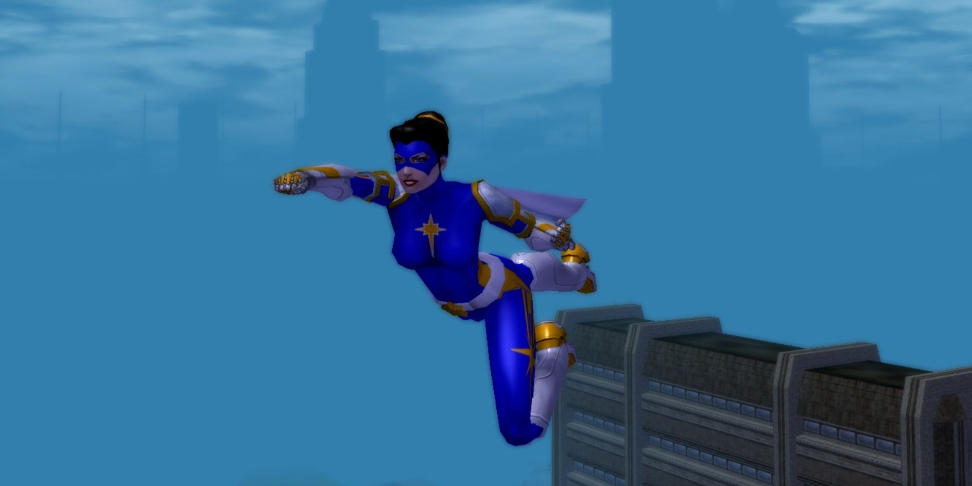 A superhero dressed in a blue, white and gold suit flies high across the city.