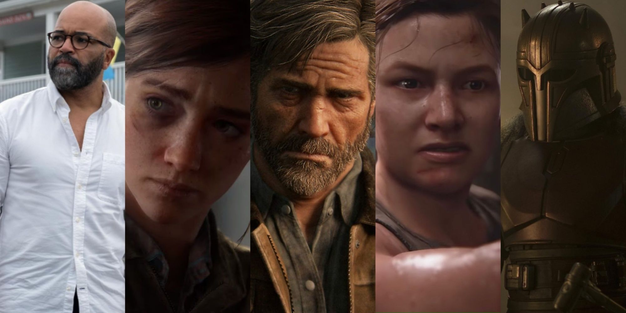 Five-image collage of Jeffrey Wright in American Fiction, Ellie, Joel, Abby, and Emily Swallow as The Armorer in The Mandalorian.