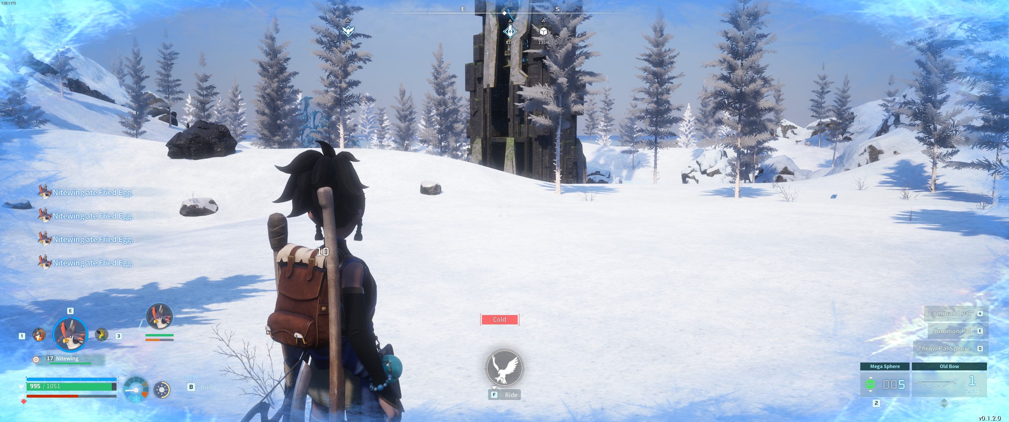 palworld: the player stands beside a tower in the tundra