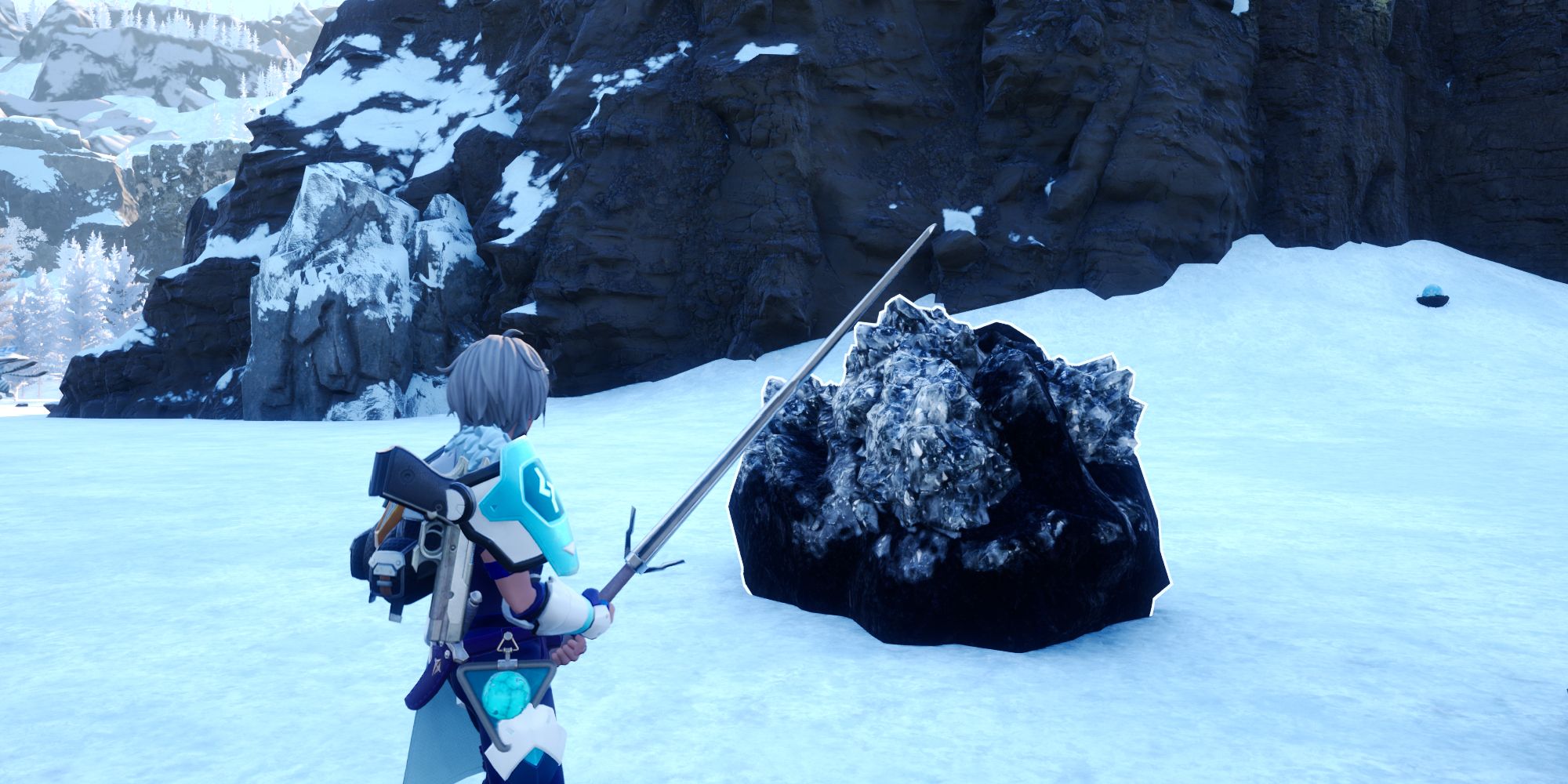 Player standing next to a stone that drop the Pure Quartz Palworld.