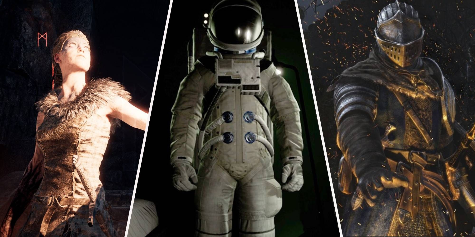 A feature image including Senua from Hellblade, the astronaut from Returnal, and a knight from Dark Souls
