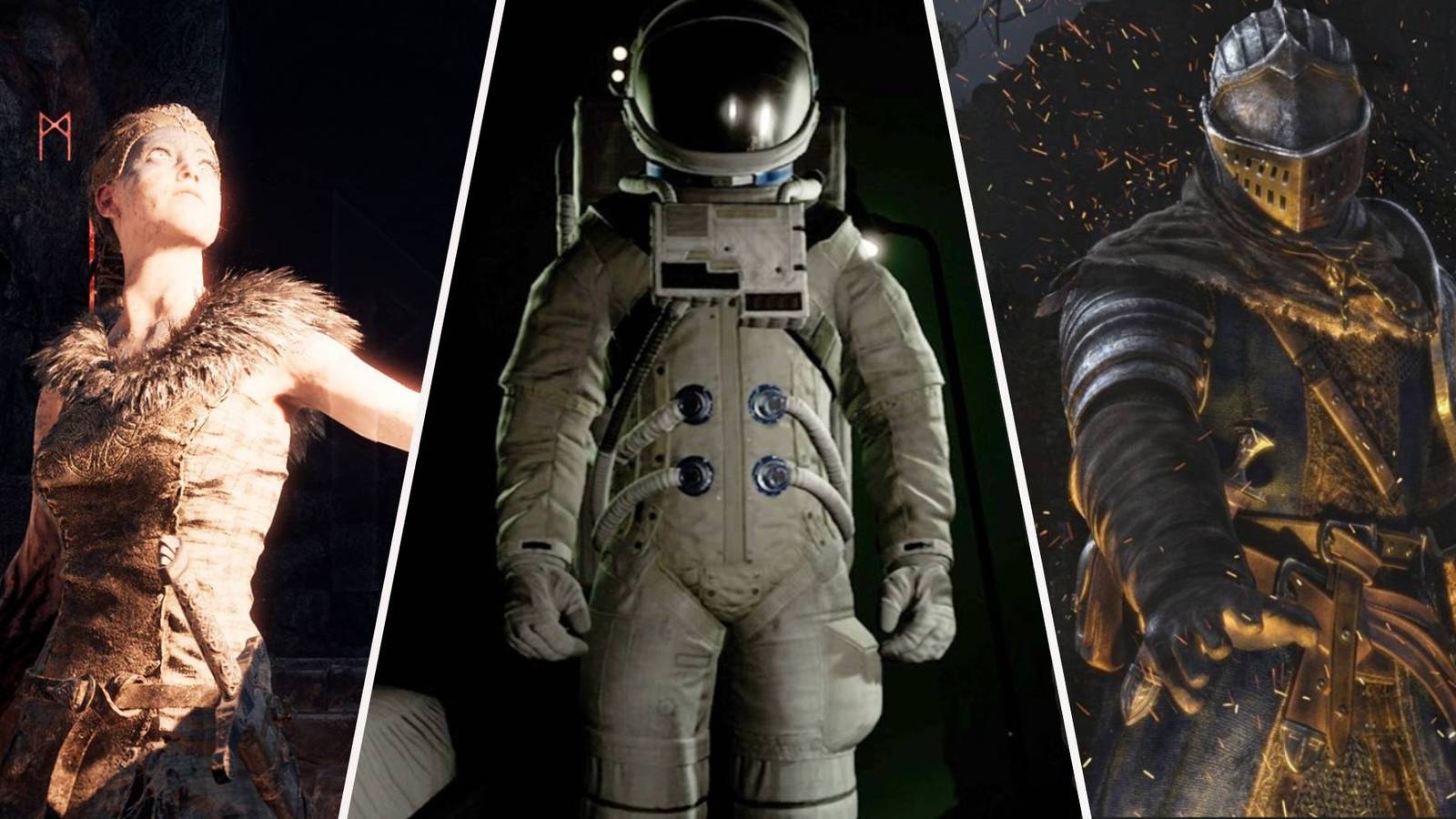 A feature image including Senua from Hellblade, the astronaut from Returnal, and a knight from Dark Souls