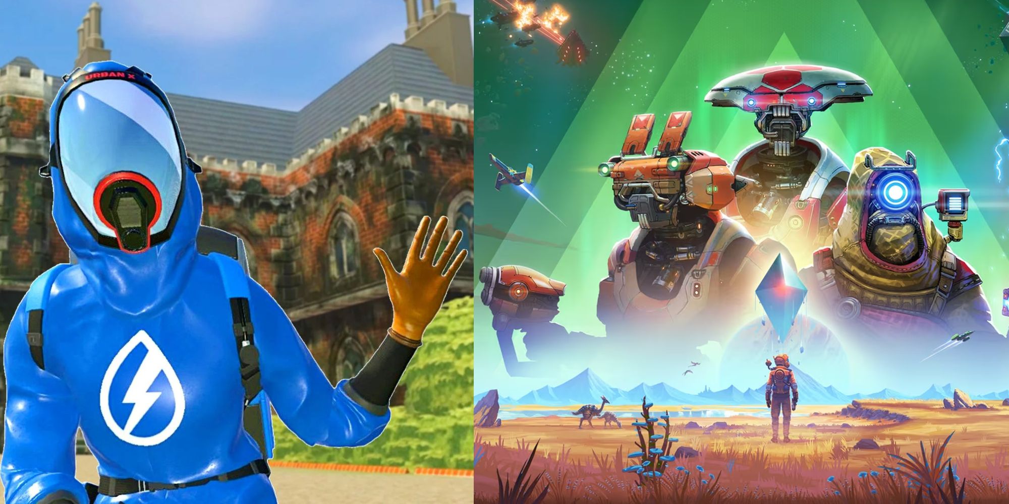 A split Image of No Man's Sky and PowerWash Simulator.