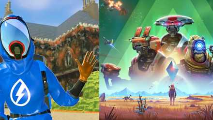 A split image of No Man's Sky and Powerwash Simulator.