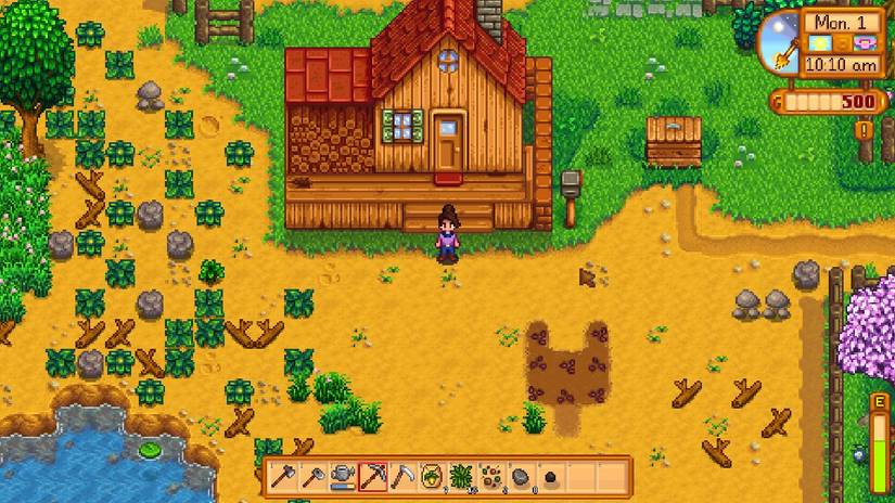stardew valley player during beginning of game in front of farm house